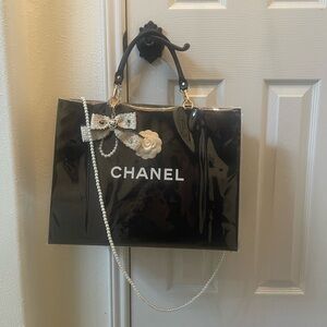 Chanel Black PVC Tote with Bow and Pearl Chain